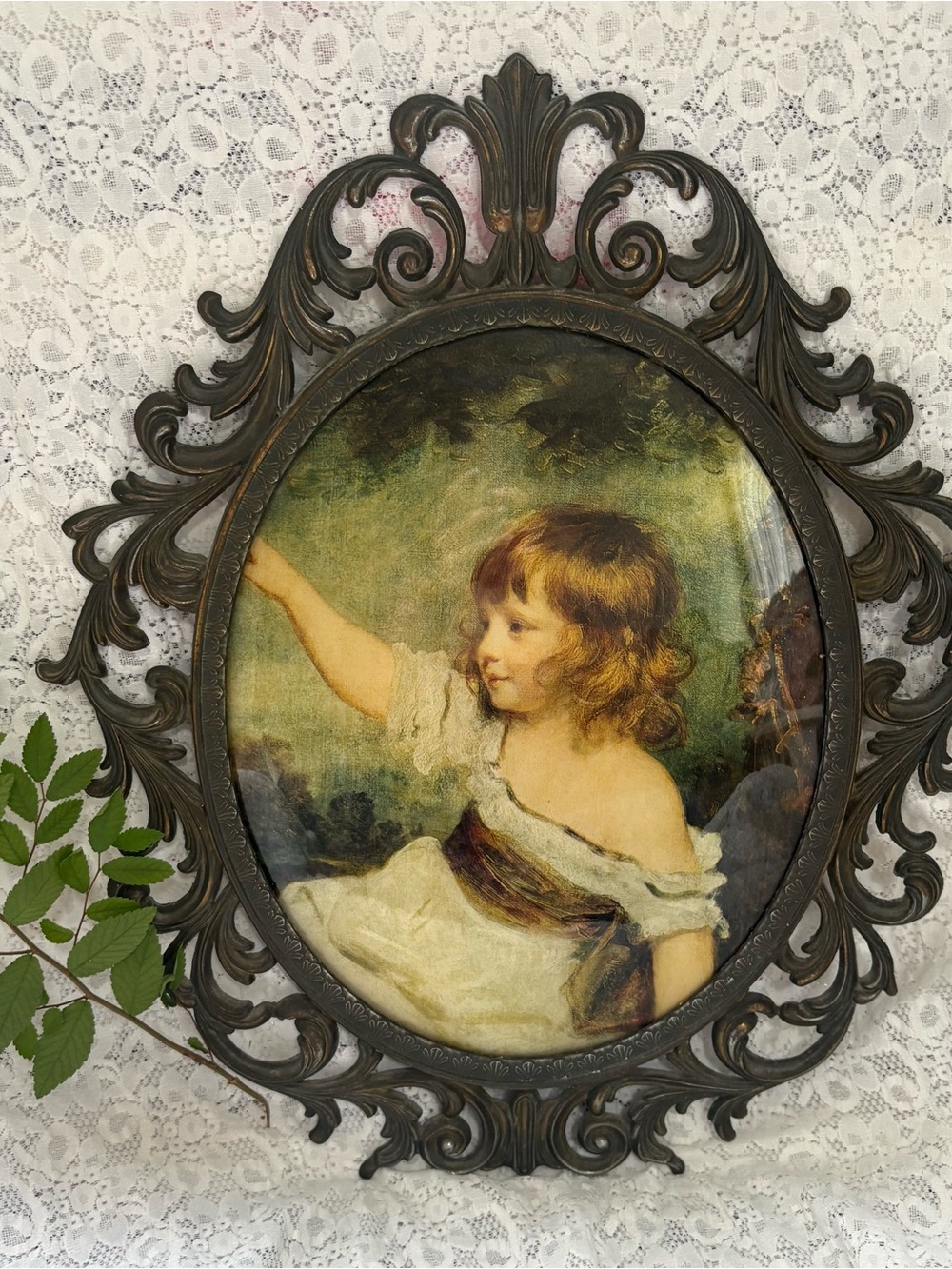 Reclaimed Vintage Bronze Ornate Oval Frame with Pastel Portrait